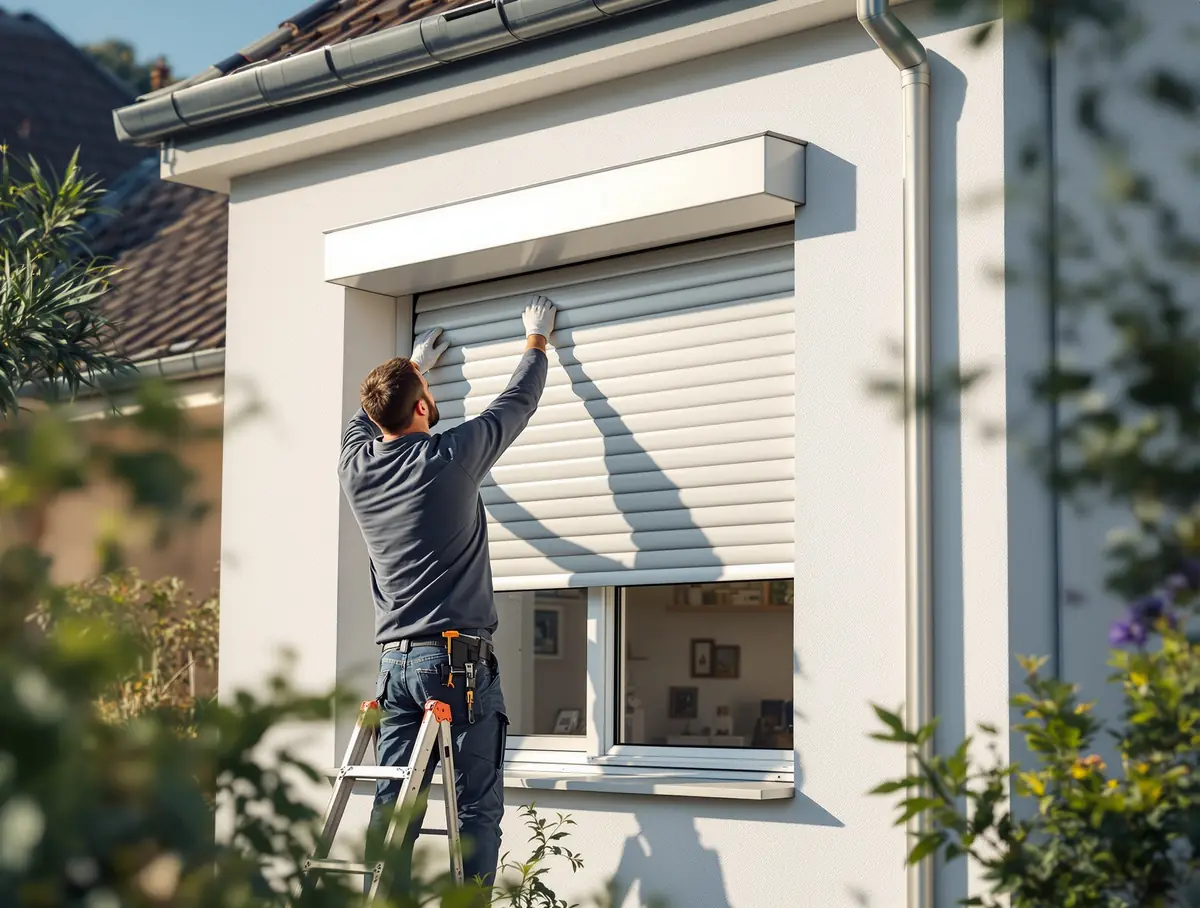 Fenêtre Nord — Pose de volet roulant électrique solaire neuf à Lille — Technicien installant un caisson sur une fenêtre moderne