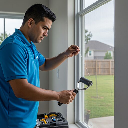 Technician repairing a window screen in a modern Houston home with tools on a nearby table.