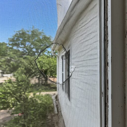 Torn window screen with mesh separation on a Houston home.
